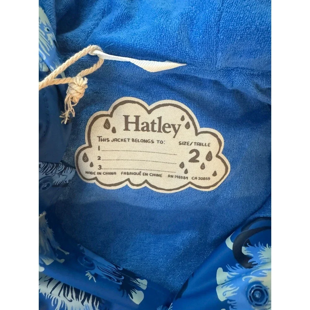 Hatley Raincoat Woolly MammothsBlue Hooded Fleece Lining Full Zip Pockets Size 2